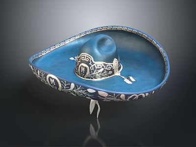Elegant Traditional Blue Wide Brimmed Hat With Intricate Silver Decorative Patterns 3d model