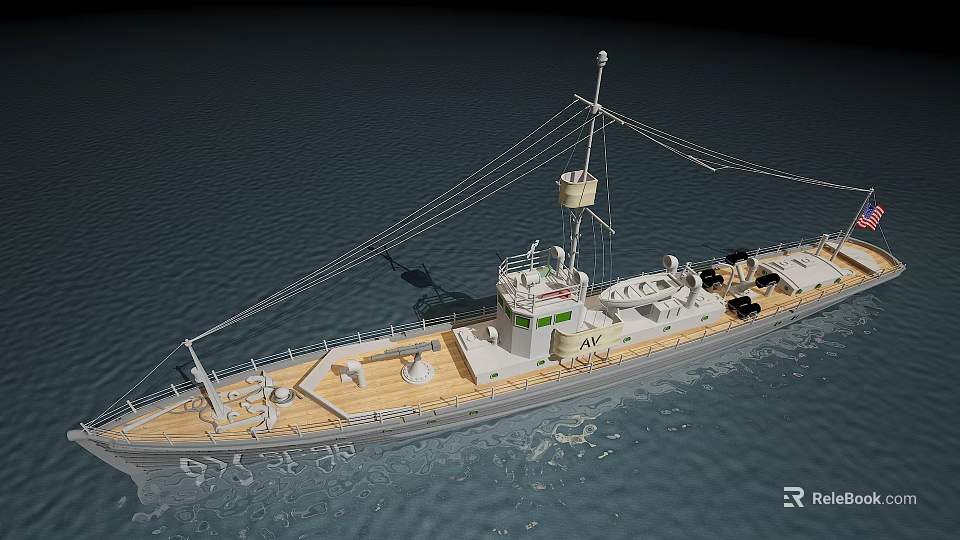 Detailed Warship Model Floating On Calm Water With Mast And Deck Structures 3d model 