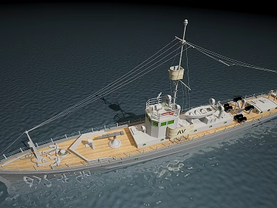 Detailed Warship Model Floating On Calm Water With Mast And Deck Structures 3d model