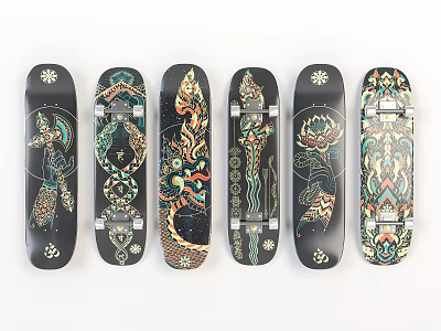 Stylish Black Skateboards With Colorful Decorative Patterns And Unique Artistic Designs 3d model