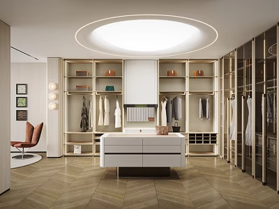 Modern Walk In Closet Interior Design With Central Dresser And Open Storage Cabinets 3d model