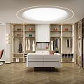 Modern Walk In Closet Interior Design With Central Dresser And Open Storage Cabinets