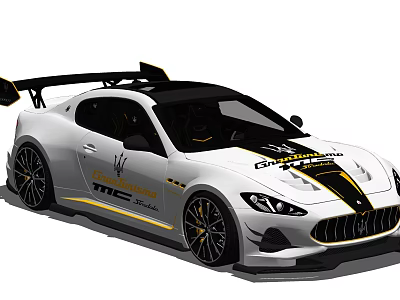 White Maserati Sports Car With Black Roof Yellow Stripes And Rear Spoiler 3d model