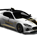 White Maserati Sports Car With Black Roof Yellow Stripes And Rear Spoiler