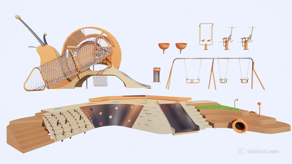 Wooden Playground Equipment with Snail Shaped Climbing Net Slide Swings and Tunnel 3d model 
