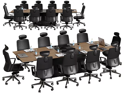Modern Conference Table With Black Office Chairs Laptops And Water Bottles 3d model