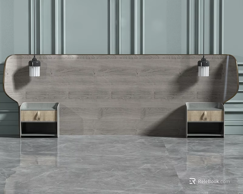 Modern Gray Wooden Bedside Table With Two Drawers Vertical Striped Wall And Marble Floor 3d model 