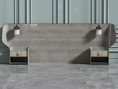 Modern Gray Wooden Bedside Table With Two Drawers Vertical Striped Wall And Marble Floor 3d model