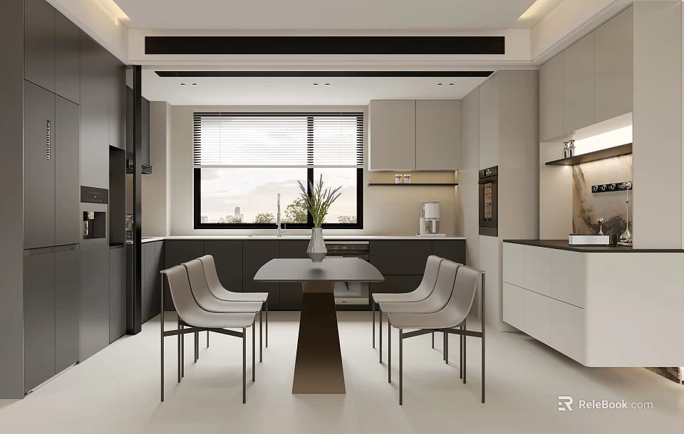 Modern Restaurant Interior With Open Concept Dining Table Chairs And Cabinets 3d model 