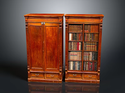 Antique Wooden Furniture Set With Cabinet Bookcase And Carved Drawers 3d model