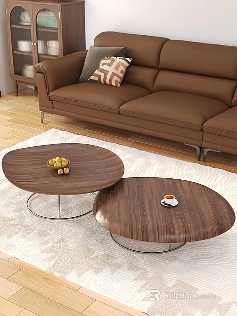 Oval Wooden Coffee Tables With Metal Frames Fruit Bowl And Coffee Cup In Living Room 3d model 