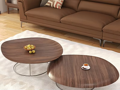 Oval Wooden Coffee Tables With Metal Frames Fruit Bowl And Coffee Cup In Living Room 3d model