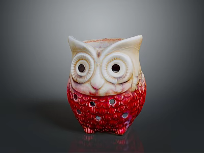 White And Red Owl Shaped Ceramic Decorative Figurine With Perforated Design 3d model