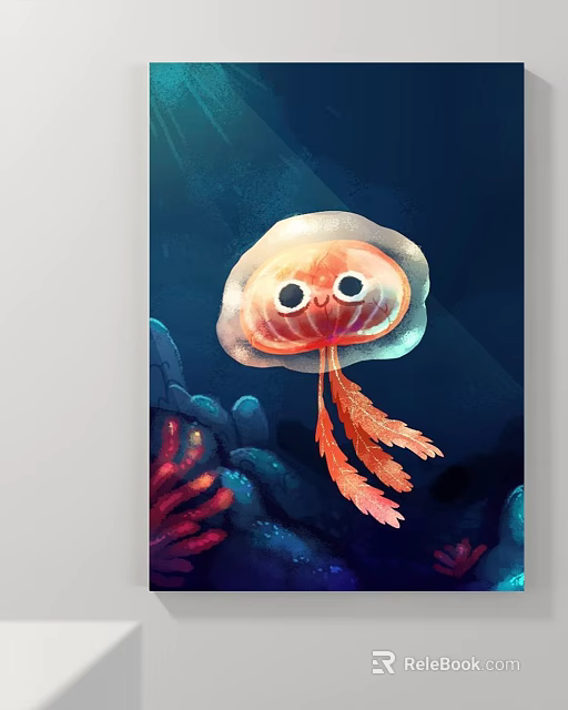 Vibrant Cute Jellyfish Animal Painting With Underwater Coral And Ocean Elements 3d model 