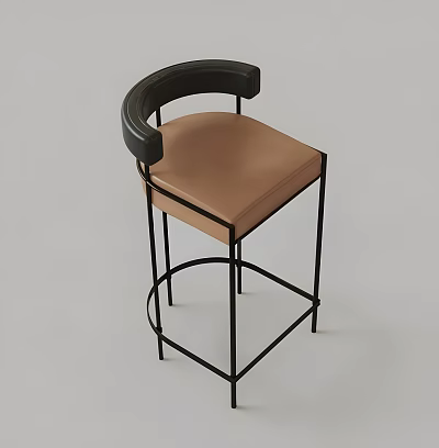 Modern Minimalist Bar Stool With Curved Black Armrest And Brown Leather Seat 3d model