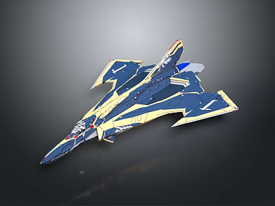 Blue And Yellow Fighter Jet Model With Intricate Patterns And Wing Design On Dark Background 3d model