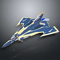 Blue And Yellow Fighter Jet Model With Intricate Patterns And Wing Design On Dark Background