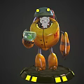 Robot Character with Blue Head Yellow Body Holding Green Orb on Black Base
