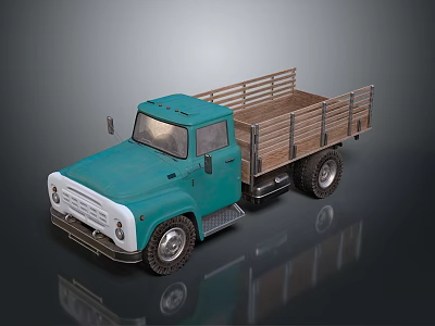 Classic Teal Vintage Truck Featuring Wooden Cargo Bed And Metal Rails 3d model