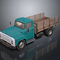 Classic Teal Vintage Truck Featuring Wooden Cargo Bed And Metal Rails