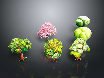 Colorful Decorative Tree Scene Components With Various Shapes And Green Pink Foliage 3d model