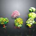 Colorful Decorative Tree Scene Components With Various Shapes And Green Pink Foliage