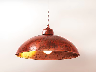 Copper Vintage Ceiling Lamp Featuring Round Lampshade And Warm Yellow Light Hanging On White Wall 3d model