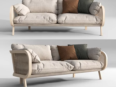 Light Colored Two Seater Sofa With Woven Accents And Decorative Pillows 3d model