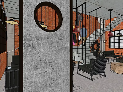 Industrial Style Interior Space With Spiral Staircase Red Brick Walls And Black Furniture 3d model