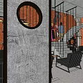 Industrial Style Interior Space With Spiral Staircase Red Brick Walls And Black Furniture