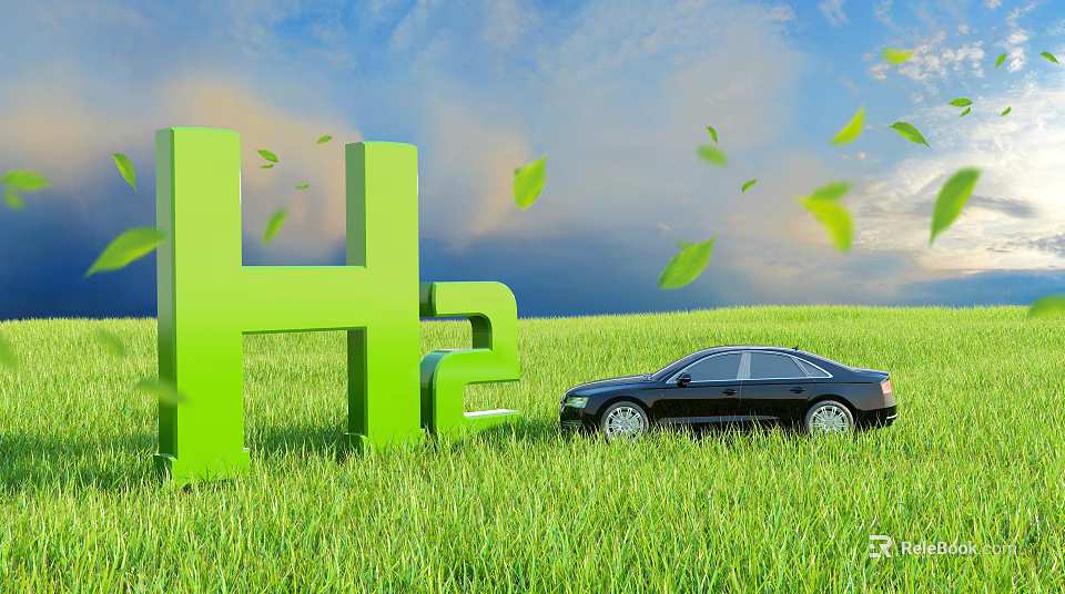 Hydrogen Powered Car In Green Field With H2 Symbol And Falling Leaves 3d model 