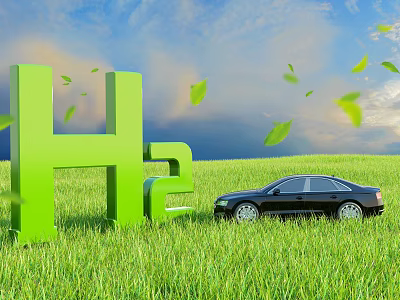 Hydrogen Powered Car In Green Field With H2 Symbol And Falling Leaves 3d model