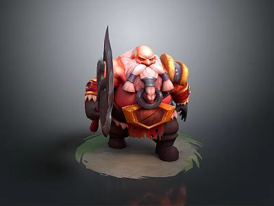 Muscular Female Warrior With Battle Axe Shield In Red Orange Armor On Gray Background 3d model