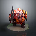 Muscular Female Warrior With Battle Axe Shield In Red Orange Armor On Gray Background
