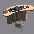 Oval Shaped Functional Desk With Mixer Turntable Papers And Cylindrical Wooden Legs