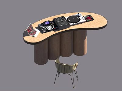 Oval Shaped Functional Desk With Mixer Turntable Papers And Cylindrical Wooden Legs 3d model