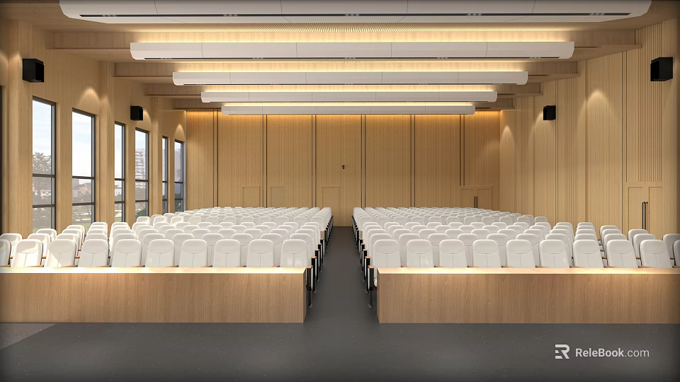 Modern Conference Room Interior With Wooden Walls White Seats And Linear Ceiling Lights 3d model 