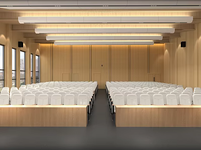 Modern Conference Room Interior With Wooden Walls White Seats And Linear Ceiling Lights 3d model