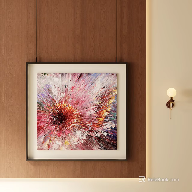 Vibrant Abstract Floral Oil Painting Framed Hanging On Wooden Wall 3d model 