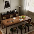 Cozy Wooden Dining Table Set With Green Seat Chairs Fruits Glassware And Cabinet