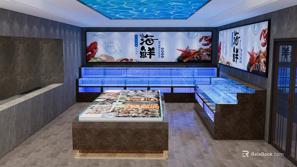 Seafood Restaurant Interior Featuring Fresh Seafood Display Cases And Ocean Themed Ceiling 3d model