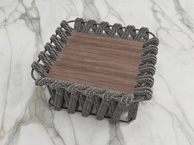 Square Coffee Table With Wooden Tabletop And Gray Woven Frame On Marble Surface 3d model