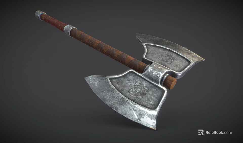Double Headed Axe Weapon With Wooden Handle And Metal Blades Decorative Patterns 3d model 
