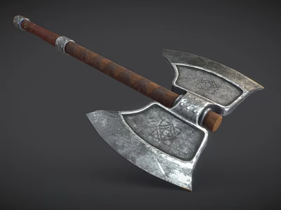 Double Headed Axe Weapon With Wooden Handle And Metal Blades Decorative Patterns 3d model