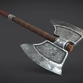 Double Headed Axe Weapon With Wooden Handle And Metal Blades Decorative Patterns