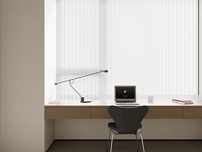 White Vertical Blinds In Cozy Home Office Desk Area With Laptop And Table Lamp 3d model
