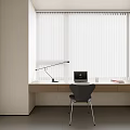 White Vertical Blinds In Cozy Home Office Desk Area With Laptop And Table Lamp