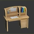 Wooden Home Office Desk With Bookshelf Calendar Open Notebook Pens And Drawer