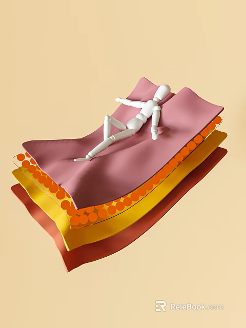 White Human Figure Resting on Layered Colorful Cushion with Orange Dots Structure 3d model 