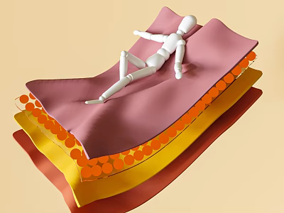 White Human Figure Resting on Layered Colorful Cushion with Orange Dots Structure 3d model